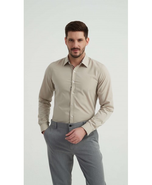 SLIM5047-7 Chemise carreaux tartan slim fit - Beige