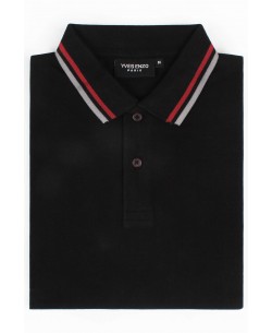 YE-8842-2 Polo noir avec col à liseré bicolor