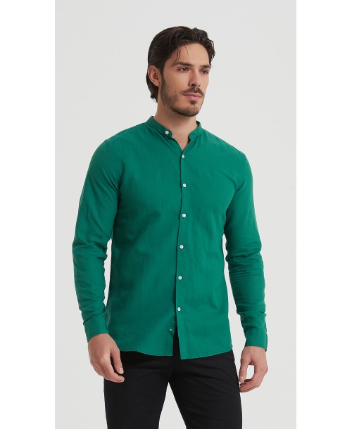 LIN-60-218 Chemise verte col mao en lin