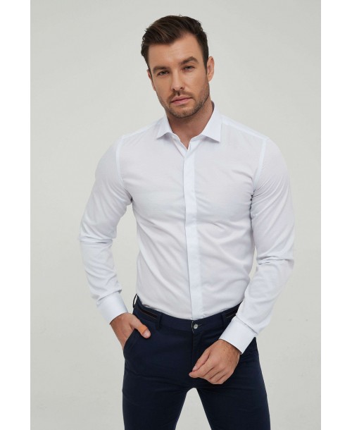 WHT-09-4 Chemise blanche col italien en coupe confort