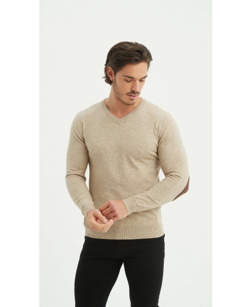 YE-6749-161 Pull beige col V à coudières