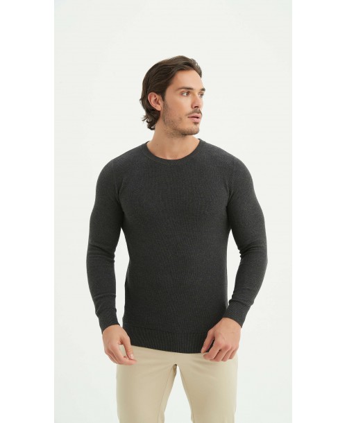 YE-6802-01 Pull col rond coton piqué - Anthracite