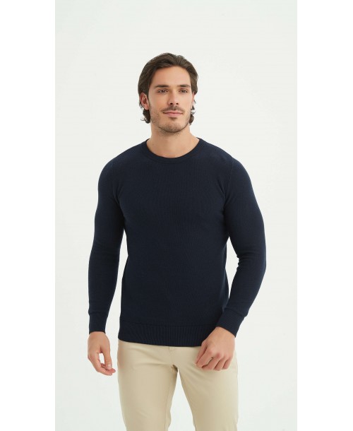 YE-6802-10 Pull col rond coton piqué - Bleu marine