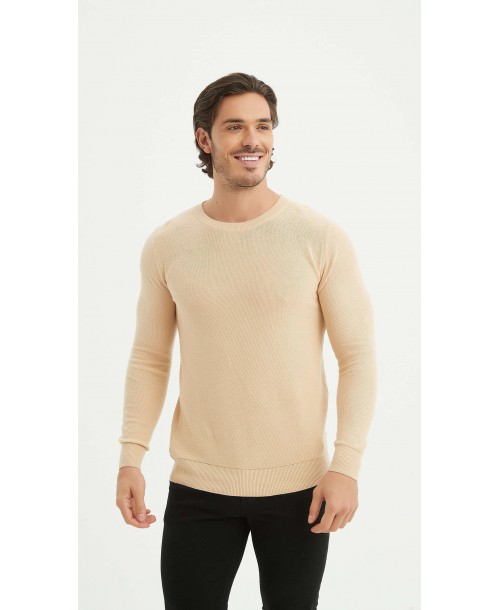 YE-6802-12 Pull col rond coton piqué - Sable