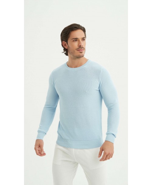 YE-6802-02 Pull col rond coton piqué - Bleu ciel