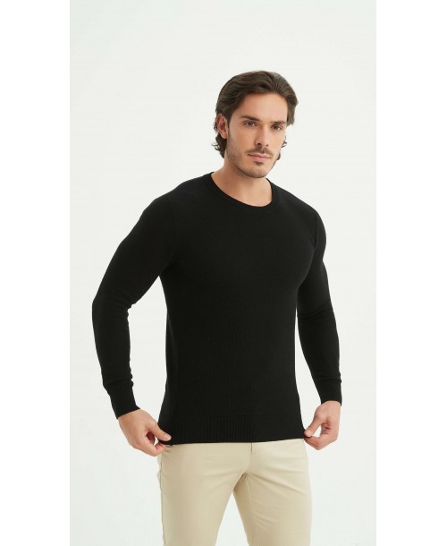 YE-6802-06 Pull col rond coton piqué - Noir