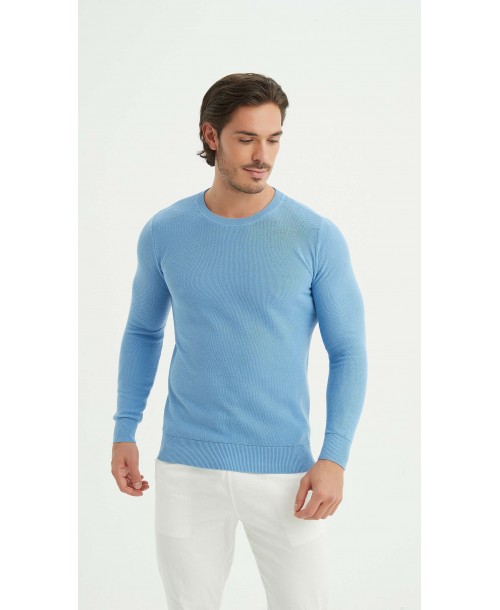 YE-6802-07 Pull col rond coton piqué - Bleu