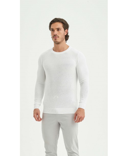 YE-6802-08 Pull col rond coton piqué - Blanc