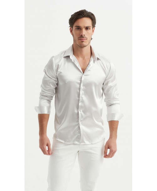 M0804-2 Chemise satinée coupe ajustée - Blanc