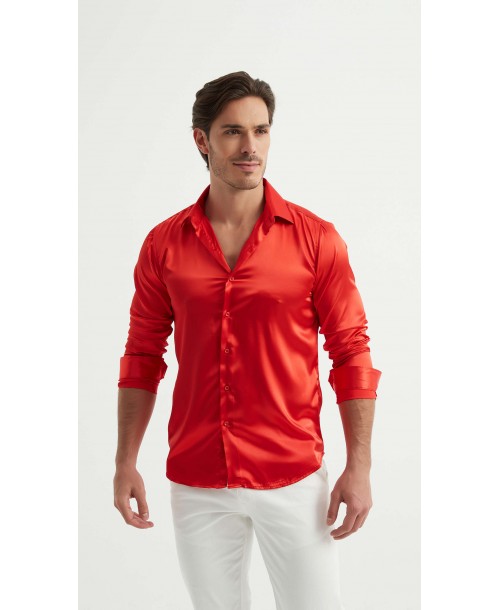 M0804-3 Chemise satinée coupe ajustée - Rouge