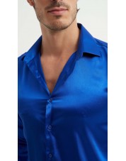 M0804-4 Chemise satinée coupe ajustée - Bleu