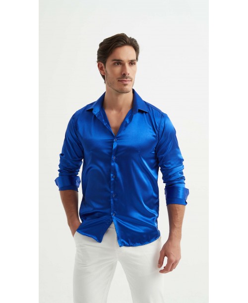 M0804-4 Chemise satinée coupe ajustée - Bleu